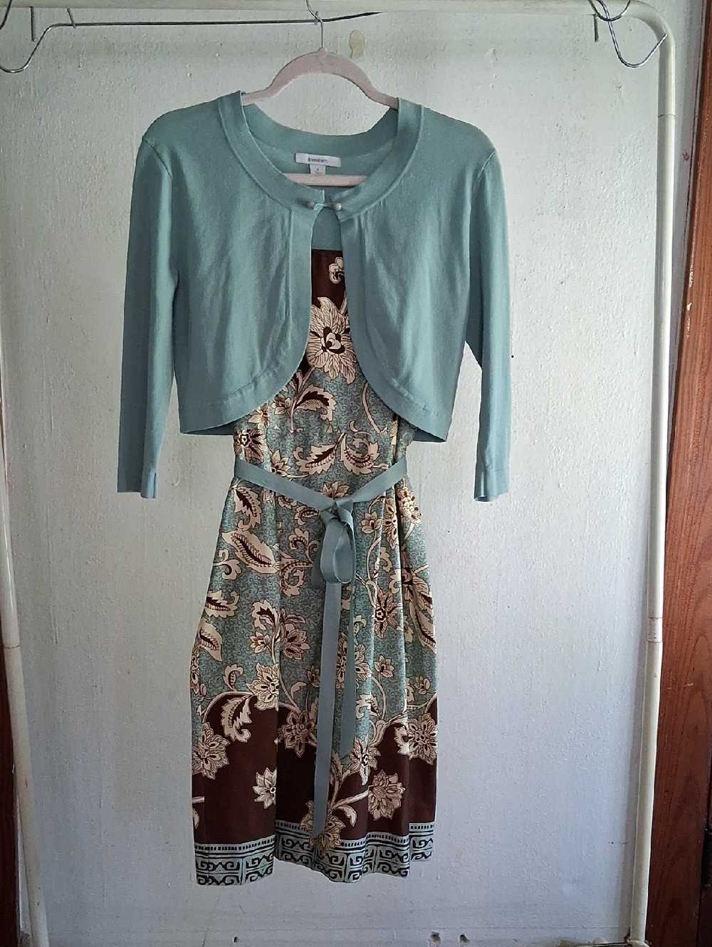 Dressbarn Sundress Brown And Green Floral With Sweater Set